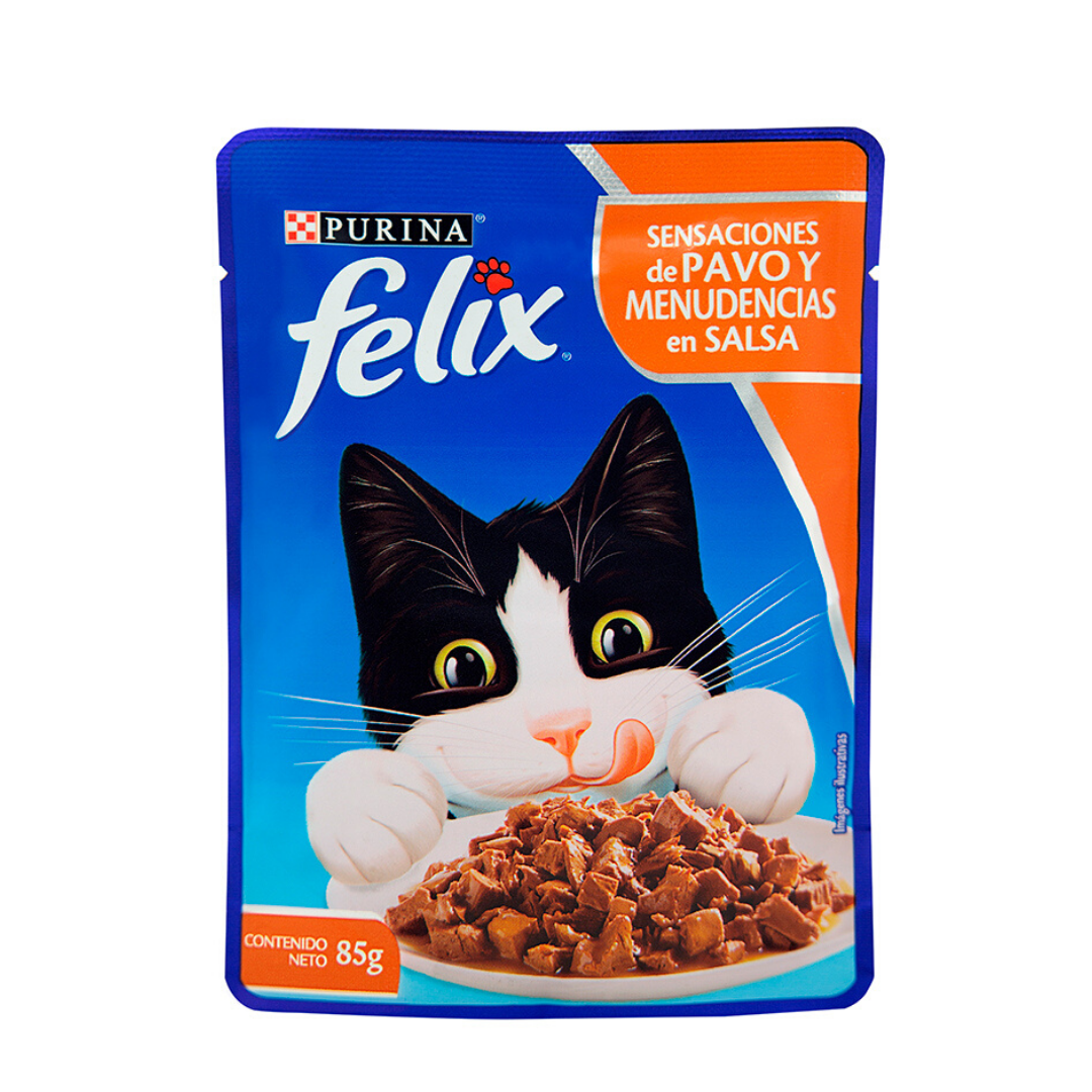 POUCH FELIX GATITO SENSACIONES DE PAVO Y MENUDENCIAS EN SALSA 85 GR