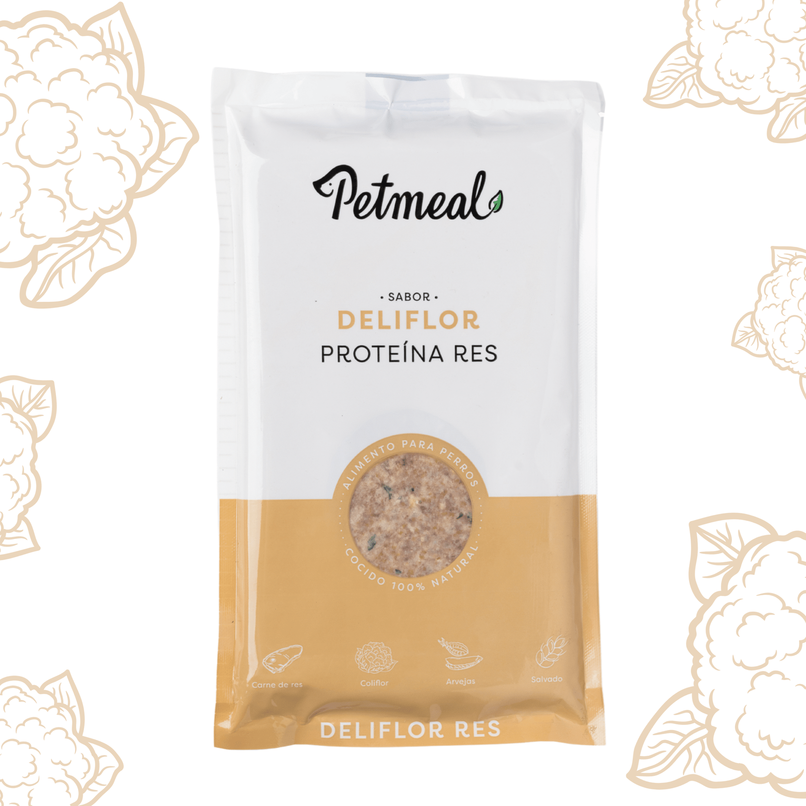 Petmeal – Dieta Cocida Natural Perro Deliflor Res con Coliflor, Arvejas y Salvado (500 g)